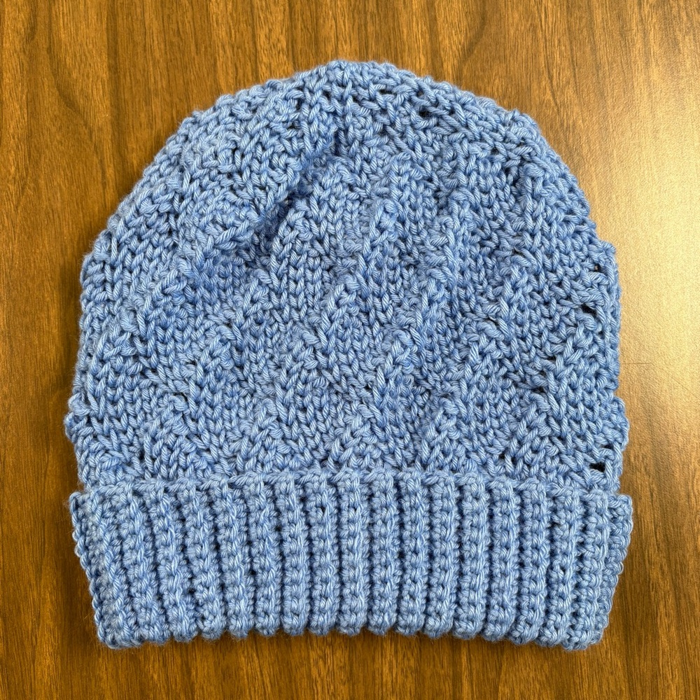 Handmade Adult Blue Crochet Beanie with Textured Pattern Merino Wool New